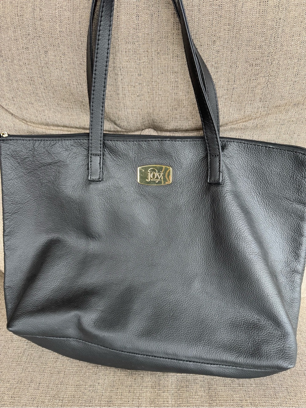 Joy Mangano Black Leather Zip-Top Tote with Gold Logo